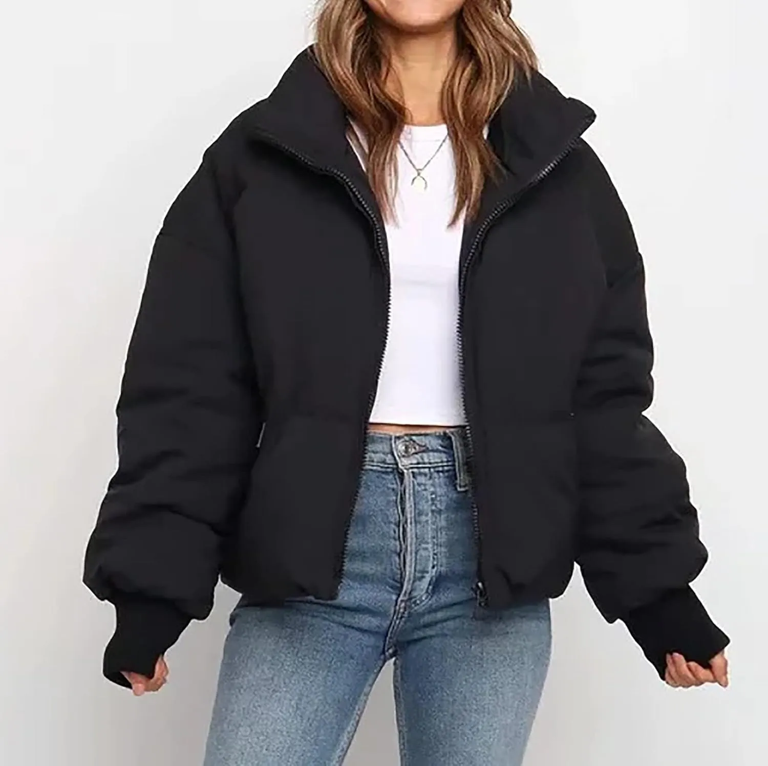 Hvyesh Women’s Winter Cropped Puffer Jacket Coat Warm Quilted Jacket Casual Zip-Up Padded Stand Collar Zip-Up Down Coat