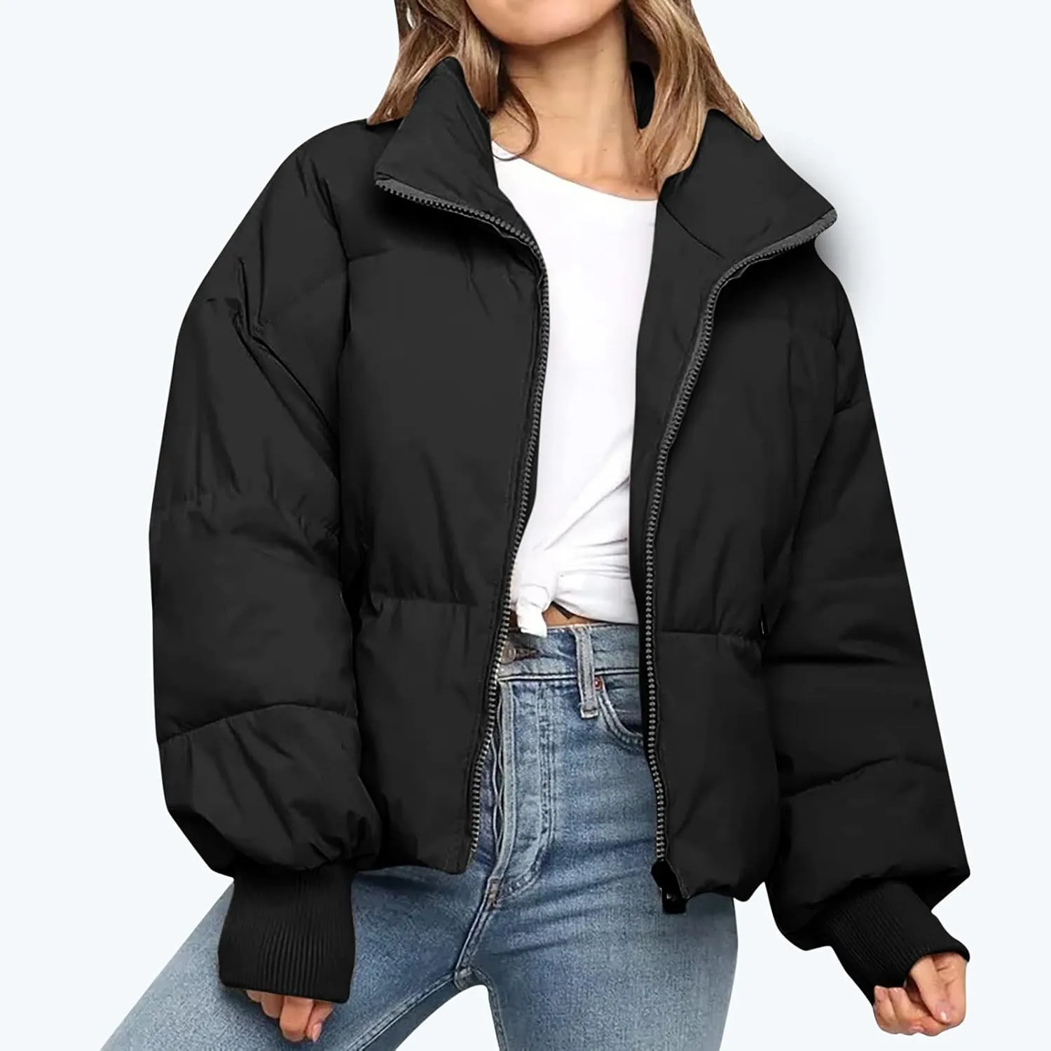 Hvyesh Women’s Winter Cropped Puffer Jacket Coat Warm Quilted Jacket Casual Zip-Up Padded Stand Collar Zip-Up Down Coat