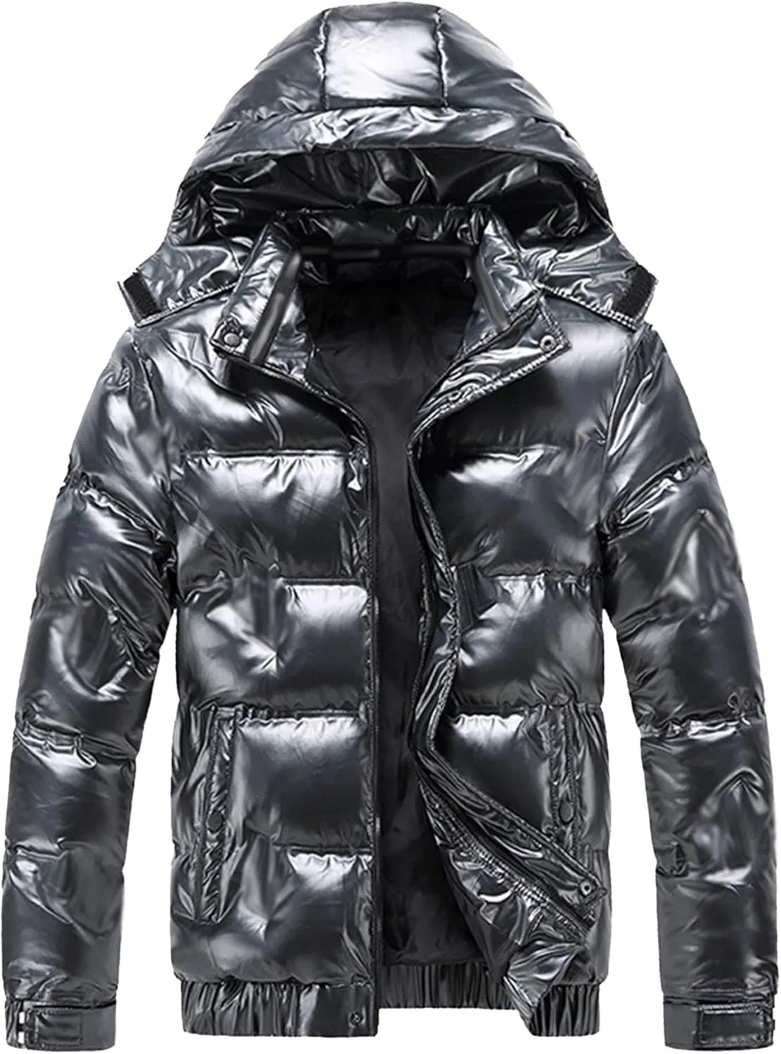 JEsilunmaMY Mens Thermal Shiny Hooded Puffer Jackets Winter Coats Water-Resistant Down Coats Insulated Puffy Padded Coat