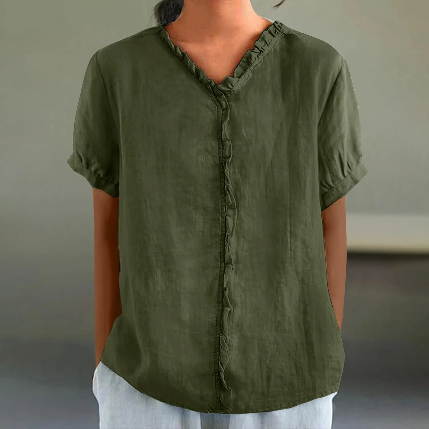JOAU Women's Cotton Linen Short Sleeve Ruffle Shirts 2025 Summer Loose Casual V Neck Blouse Dressy Boho Beach Tunic Tops