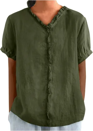 JOAU Women's Cotton Linen Short Sleeve Ruffle Shirts 2025 Summer Loose Casual V Neck Blouse Dressy Boho Beach Tunic Tops