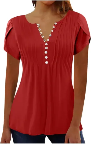 JOAU Women's Petal Short Sleeve Flowy Tunic Tops Dressy Casual Summer Pleated Front Blouses Loose V Neck Button Henley Shirts