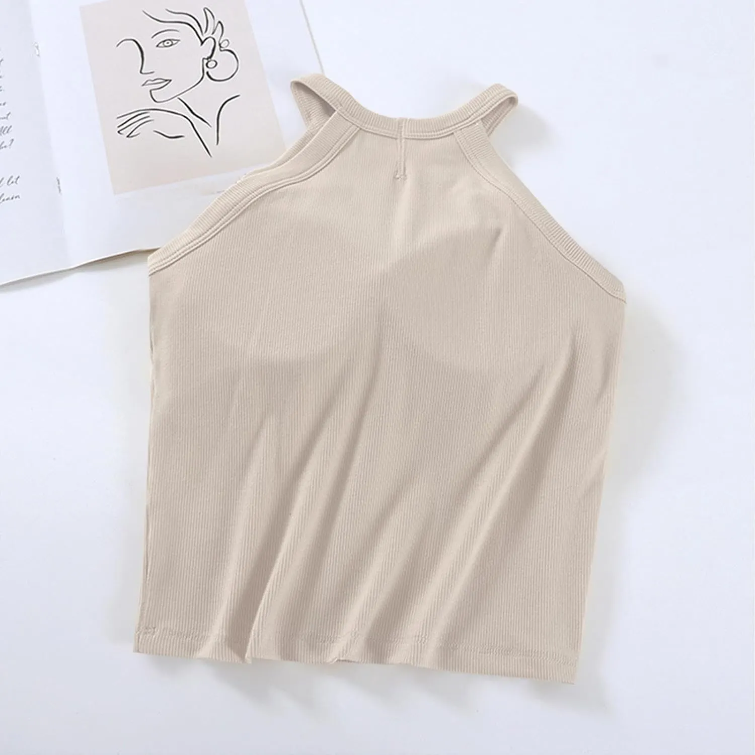 Lastesso Tank Tops with Built in Bras Sleeveless Racerback Casual Basic Ribbed Shirts High Neck Slim Fitted Crop Shirts