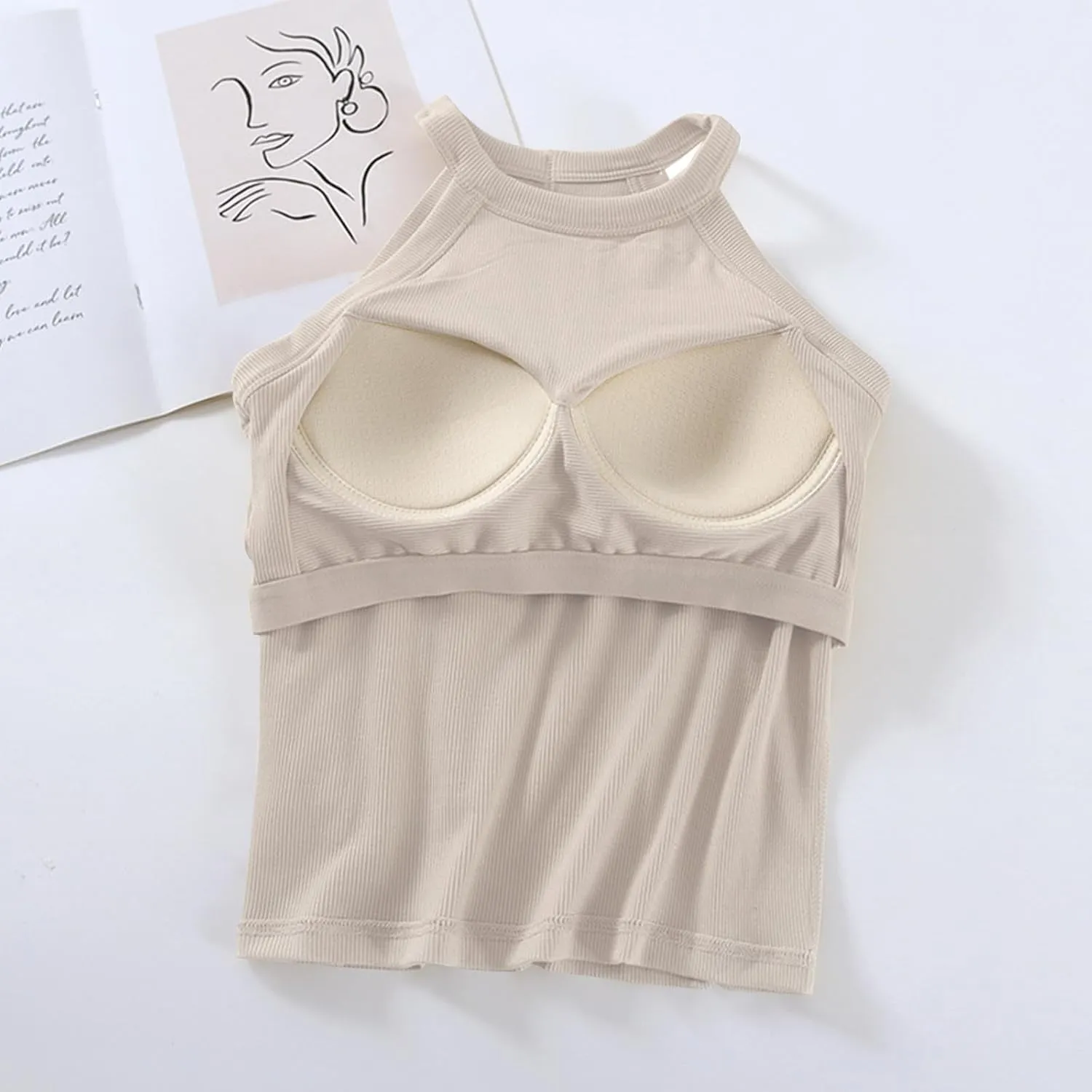 Lastesso Tank Tops with Built in Bras Sleeveless Racerback Casual Basic Ribbed Shirts High Neck Slim Fitted Crop Shirts