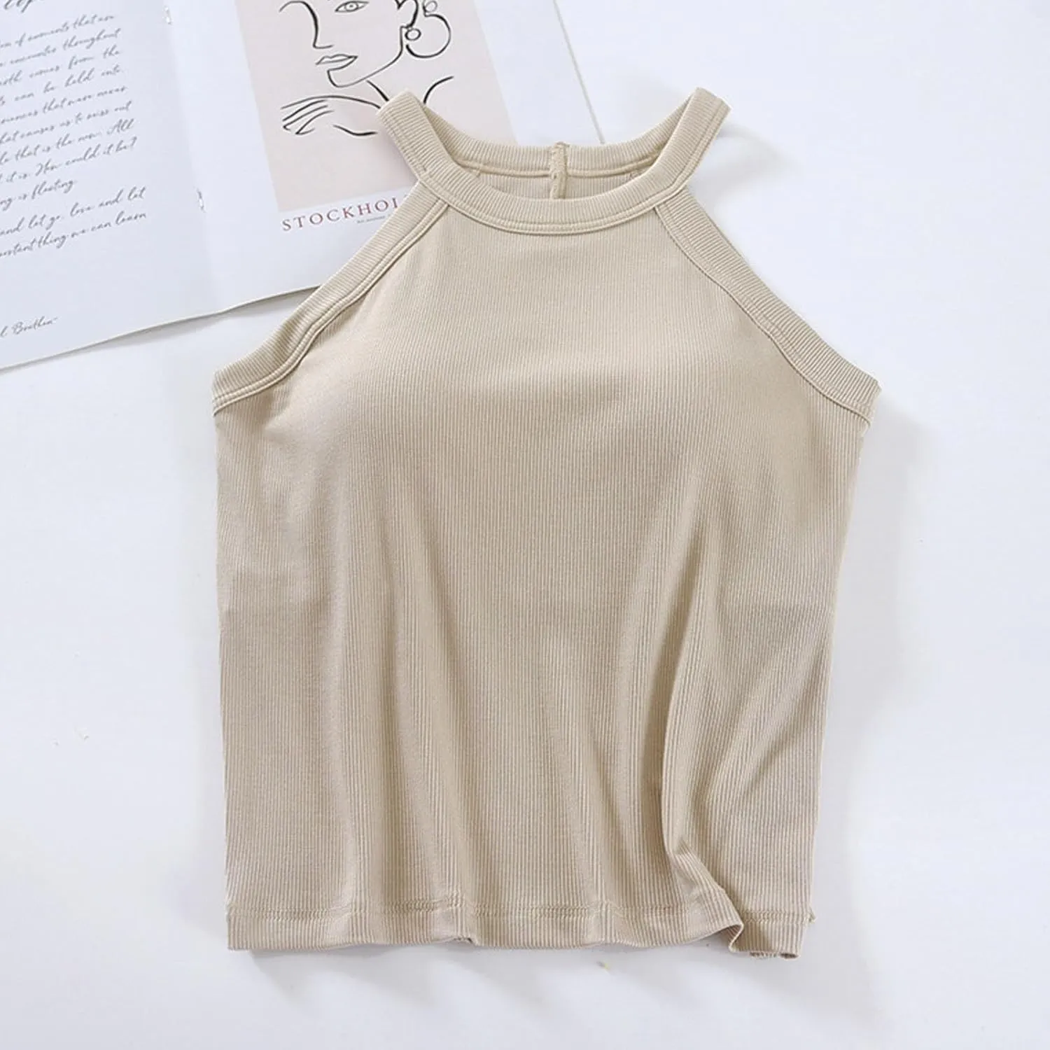 Lastesso Tank Tops with Built in Bras Sleeveless Racerback Casual Basic Ribbed Shirts High Neck Slim Fitted Crop Shirts