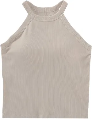 Lastesso Tank Tops with Built in Bras Sleeveless Racerback Casual Basic Ribbed Shirts High Neck Slim Fitted Crop Shirts