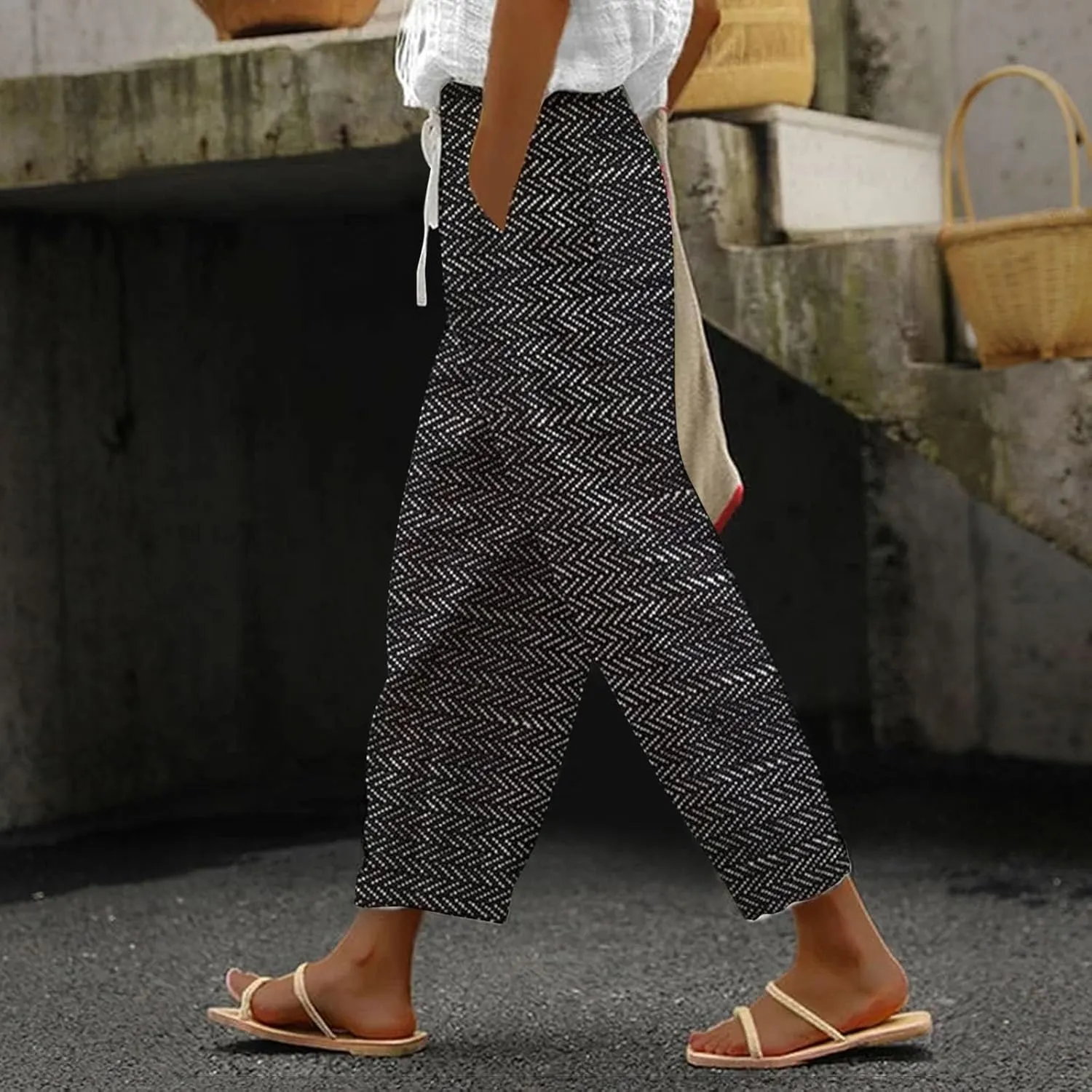 LCMTWX Flowy Linen Pants for Women 2025 Drawstring Pants Capri Pants 2025 Pants with Pockets Wide Leg Cropped Pants Cotton