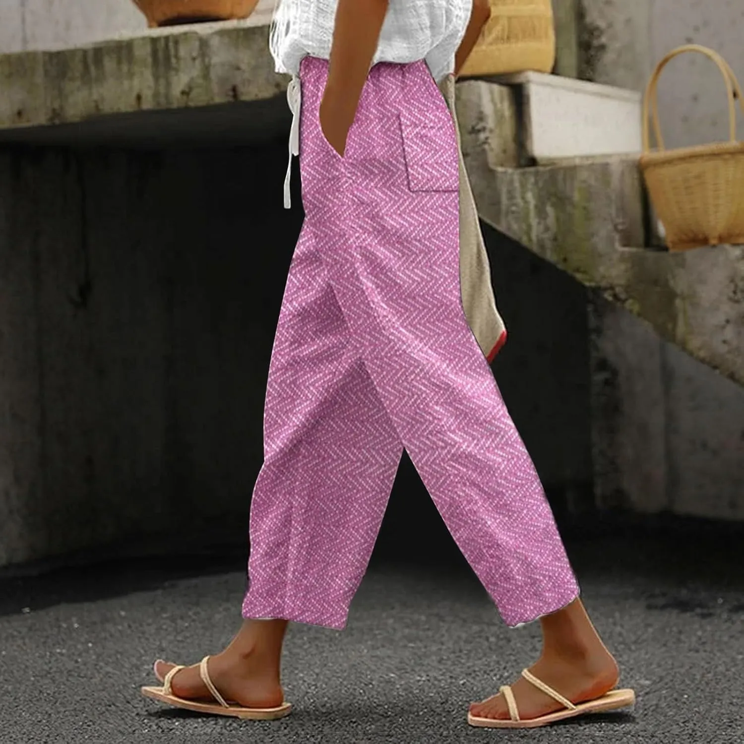 LCMTWX Flowy Linen Pants for Women 2025 Drawstring Pants Capri Pants 2025 Pants with Pockets Wide Leg Cropped Pants Cotton
