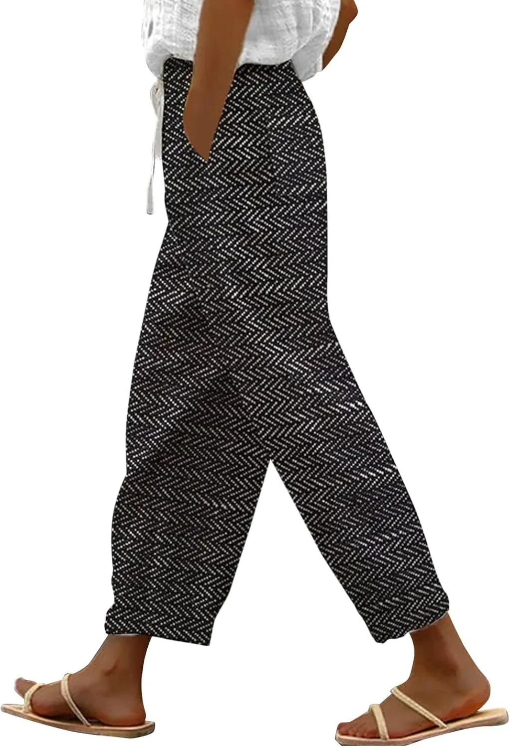 LCMTWX Flowy Linen Pants for Women 2025 Drawstring Pants Capri Pants 2025 Pants with Pockets Wide Leg Cropped Pants Cotton