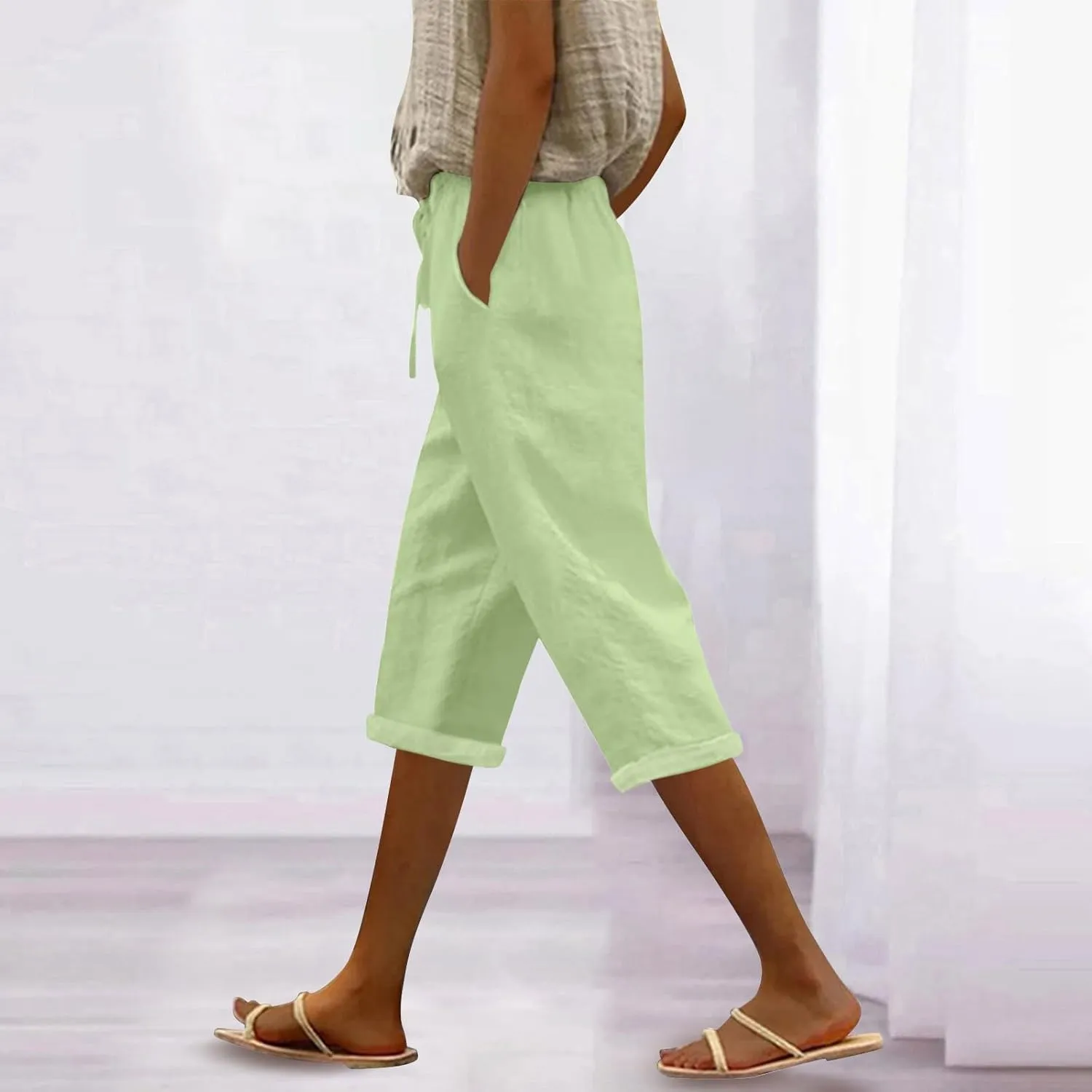 LCMTWX Linen Pants High Waist Pants Drawstring Capri Pants with Pockets Wide Leg Cropped Pants for Cotton Linen Pants Women