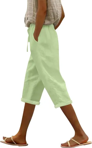 LCMTWX Linen Pants High Waist Pants Drawstring Capri Pants with Pockets Wide Leg Cropped Pants for Cotton Linen Pants Women