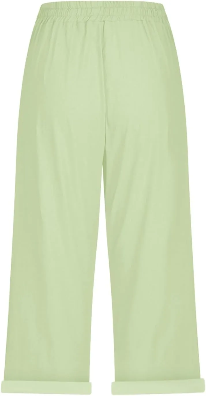LCMTWX Linen Pants High Waist Pants Drawstring Capri Pants with Pockets Wide Leg Cropped Pants for Cotton Linen Pants Women