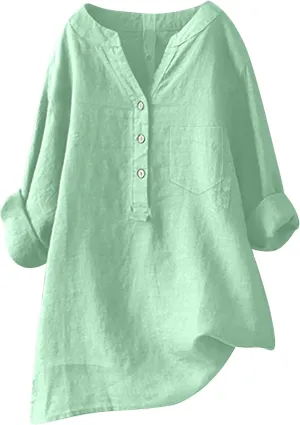 Linen Button Down Shirt for Women 3/4 Sleeve V Neck Summer Cotton Linen Tunic Top with Pocket Loose Fit Tshirt Casual Blouse