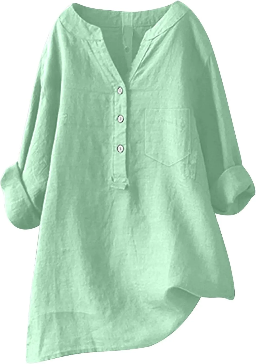 Linen Button Down Shirt for Women 3/4 Sleeve V Neck Summer Cotton Linen Tunic Top with Pocket Loose Fit Tshirt Casual Blouse