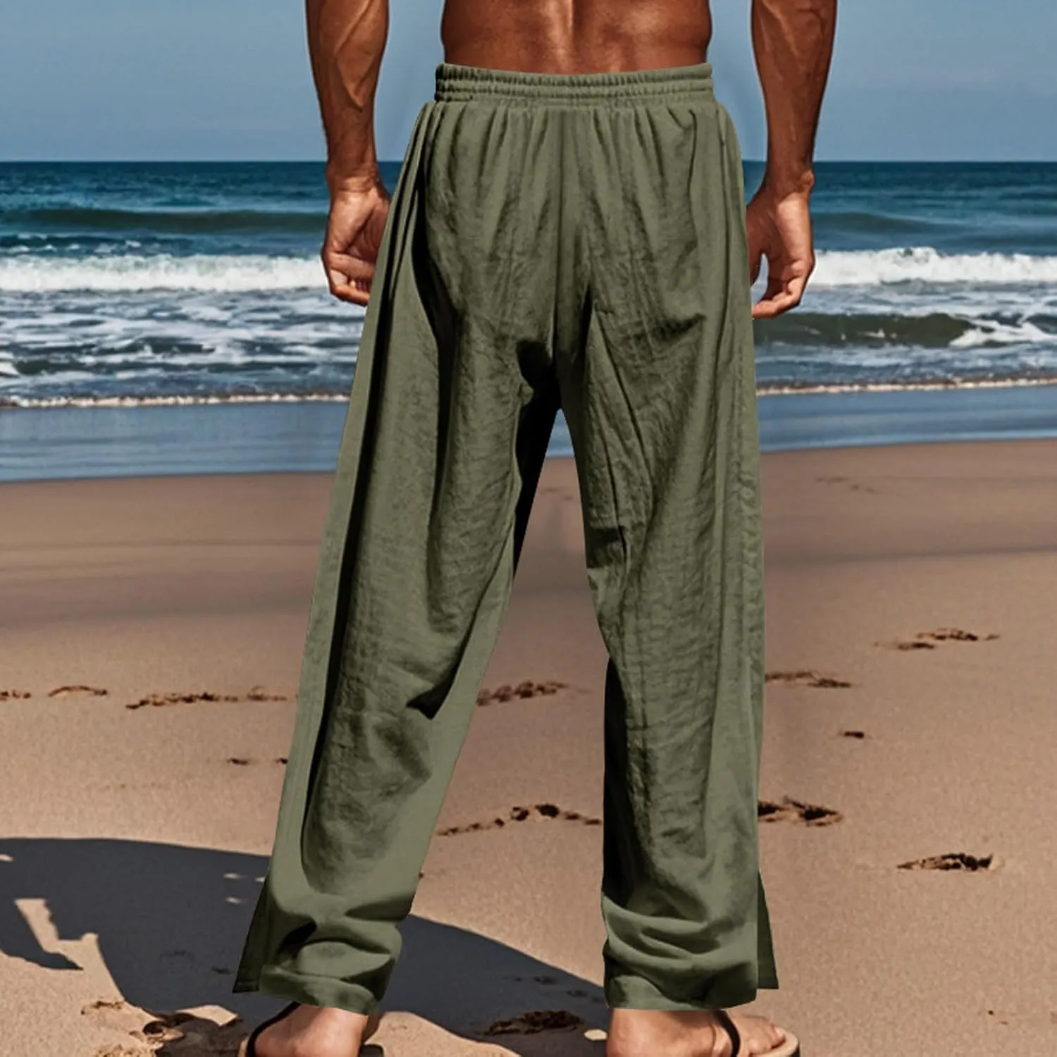 Linen Pants Mens Casual Pants Relaxed-Fit Beach Pants Summer Trousers Soft Elastic Waist Pants