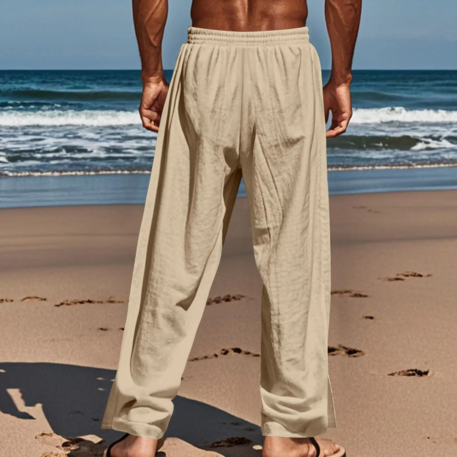 Linen Pants Mens Casual Pants Relaxed-Fit Beach Pants Summer Trousers Soft Elastic Waist Pants