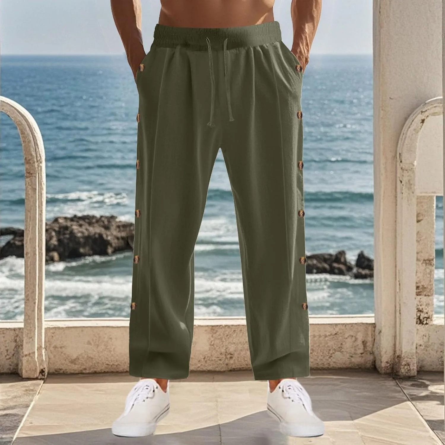 Linen Pants Mens Casual Pants Relaxed-Fit Beach Pants Summer Trousers Soft Elastic Waist Pants