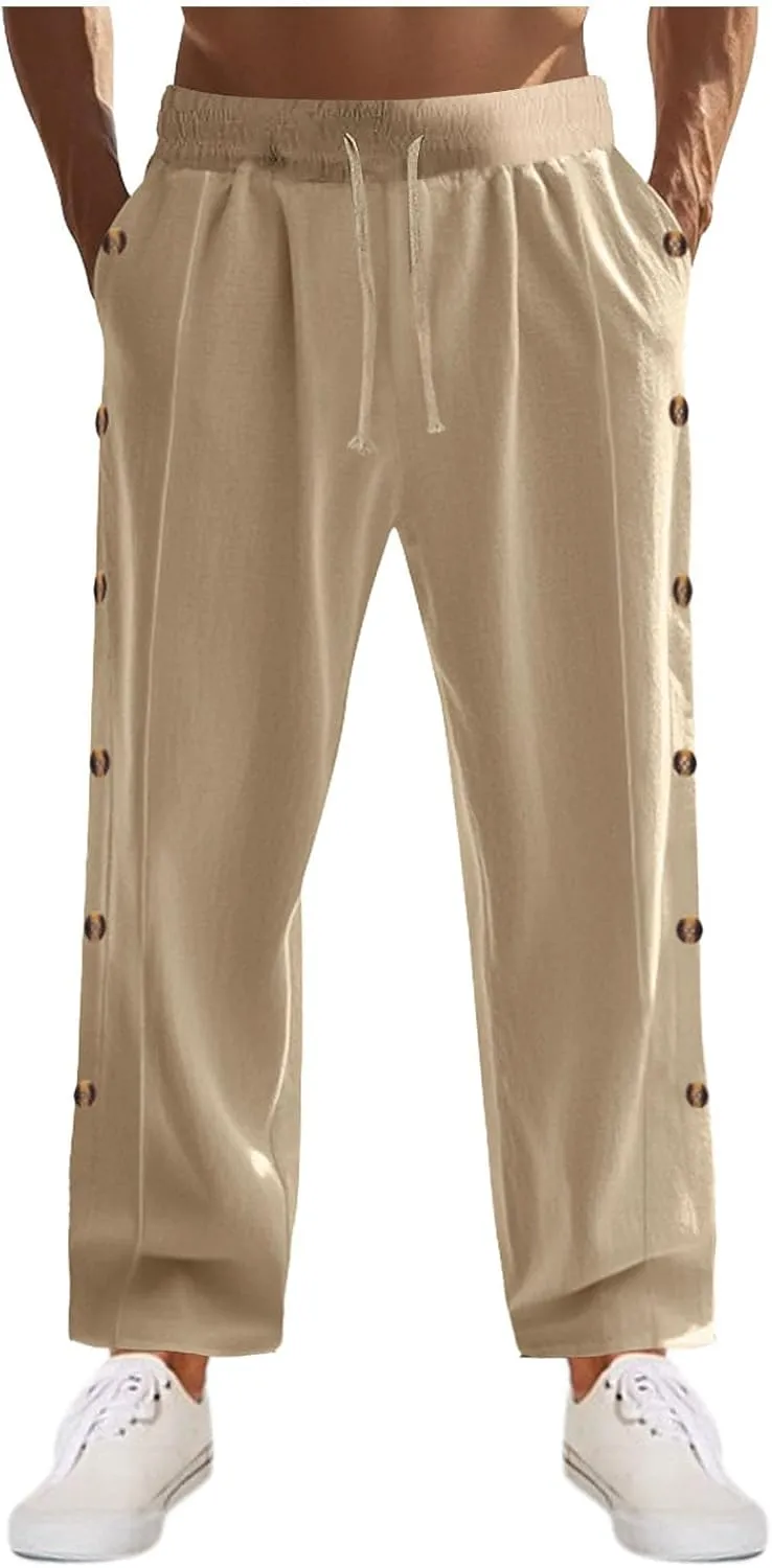 Linen Pants Mens Casual Pants Relaxed-Fit Beach Pants Summer Trousers Soft Elastic Waist Pants
