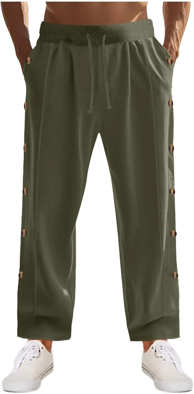 Linen Pants Mens Casual Pants Relaxed-Fit Beach Pants Summer Trousers Soft Elastic Waist Pants