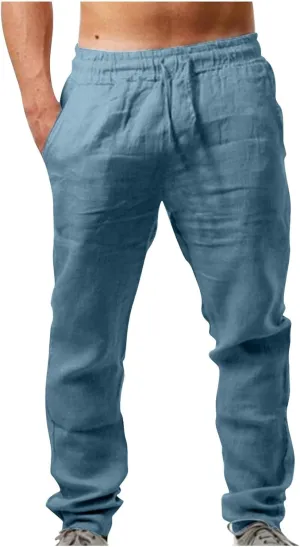 Linen Pants Mens Casual Pants Relaxed-Fit Beach Trousers Summer Yoga Pants Soft Elastic Waist Pants