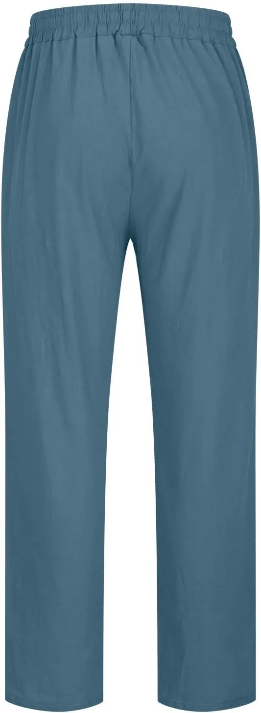 Linen Pants Mens Casual Pants Relaxed-Fit Beach Trousers Summer Yoga Pants Soft Elastic Waist Pants