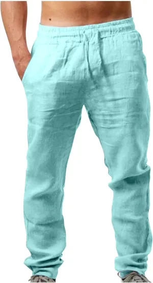 Linen Pants Mens Casual Pants Relaxed-Fit Beach Trousers Summer Yoga Pants Soft Elastic Waist Pants