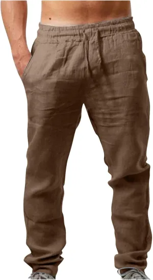 Linen Pants Mens Casual Pants Relaxed-Fit Beach Trousers Summer Yoga Pants Soft Elastic Waist Pants