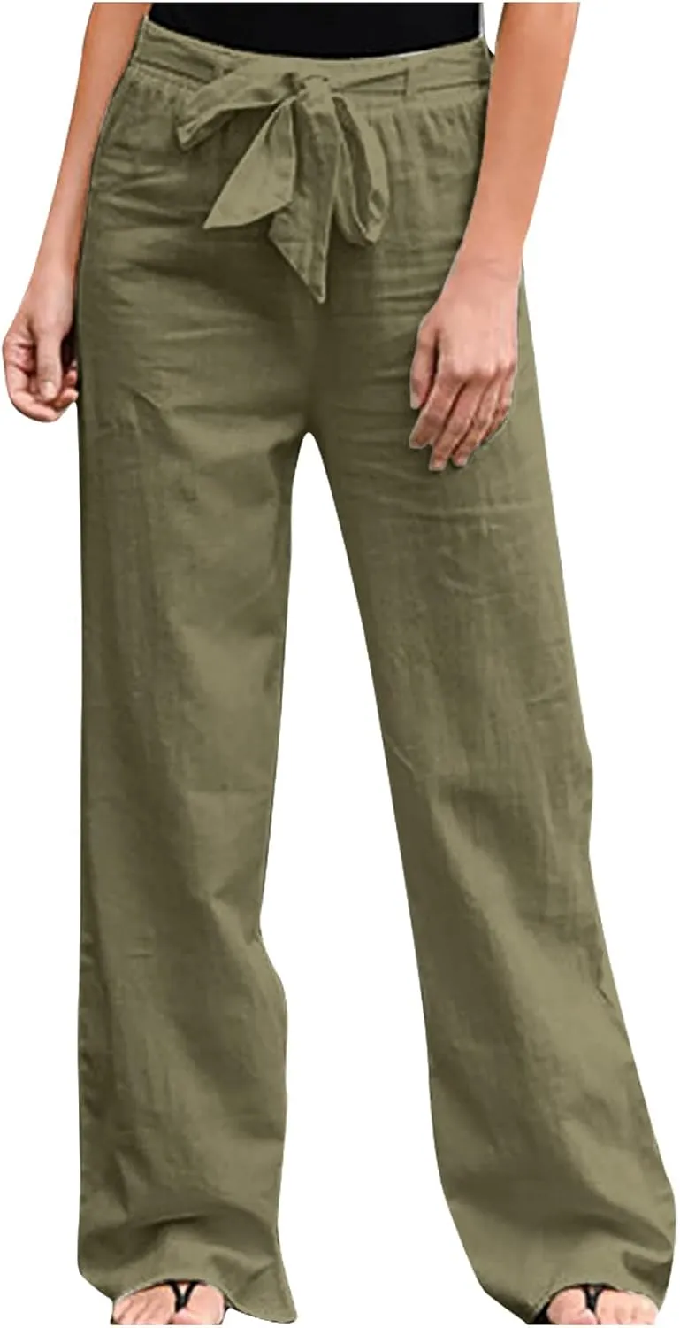 Linen Pants Women Lace up Waist Linen Pants Linen Summer Palazzo Pants Flowy Wide Leg Beach Pants Vacation Beach Pants