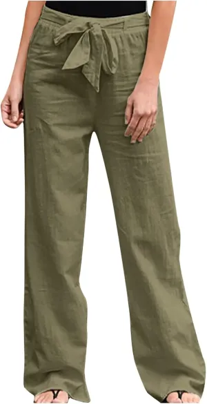 Linen Pants Women Lace up Waist Linen Pants Linen Summer Palazzo Pants Flowy Wide Leg Beach Pants Vacation Beach Pants
