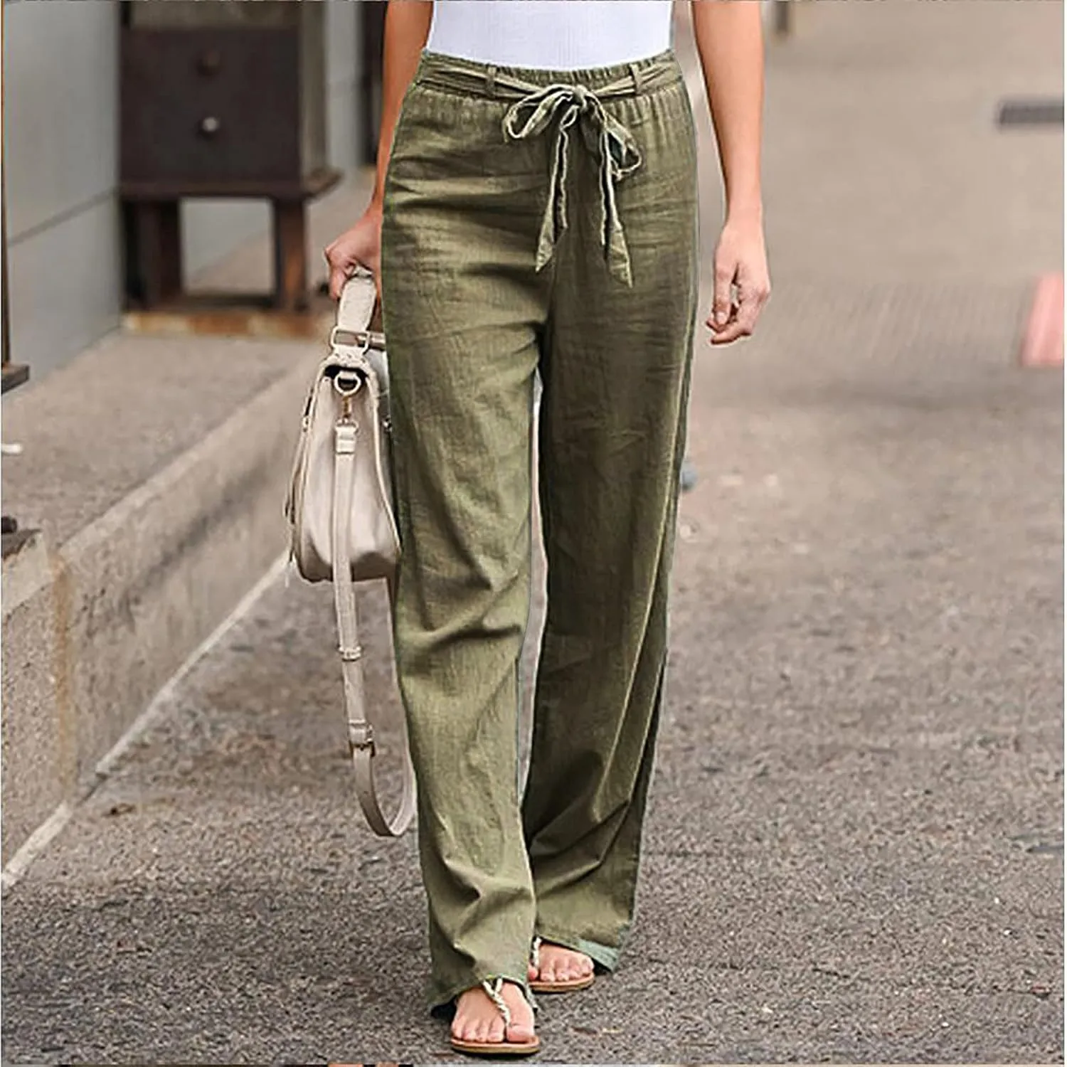 Linen Pants Women Lace up Waist Linen Pants Linen Summer Palazzo Pants Flowy Wide Leg Beach Pants Vacation Beach Pants