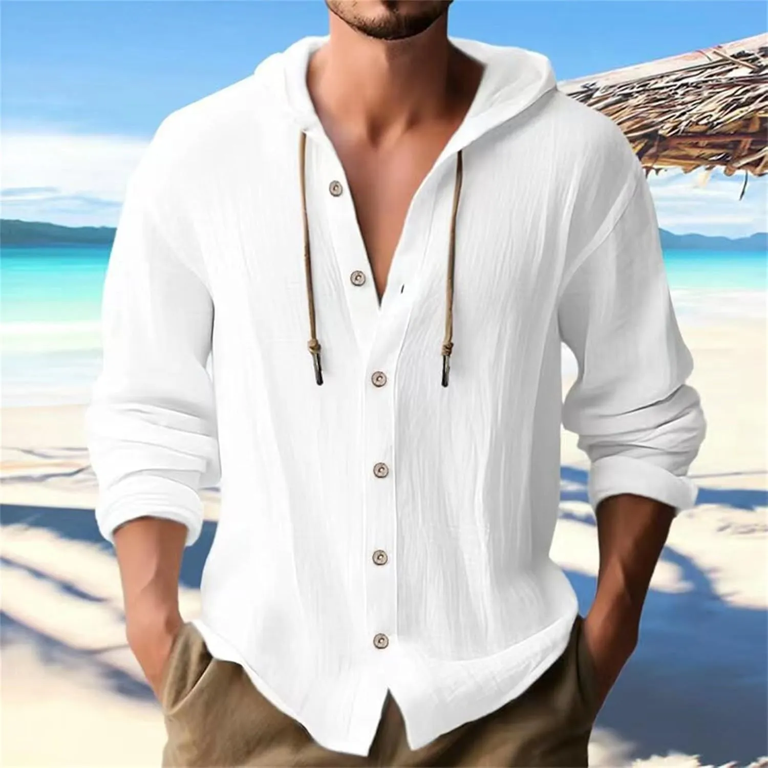 Linen Shirts for Men Casual Button Shirts Summer Cotton Linen Hoodie Beach Long Sleeve Shirts Top with Hood