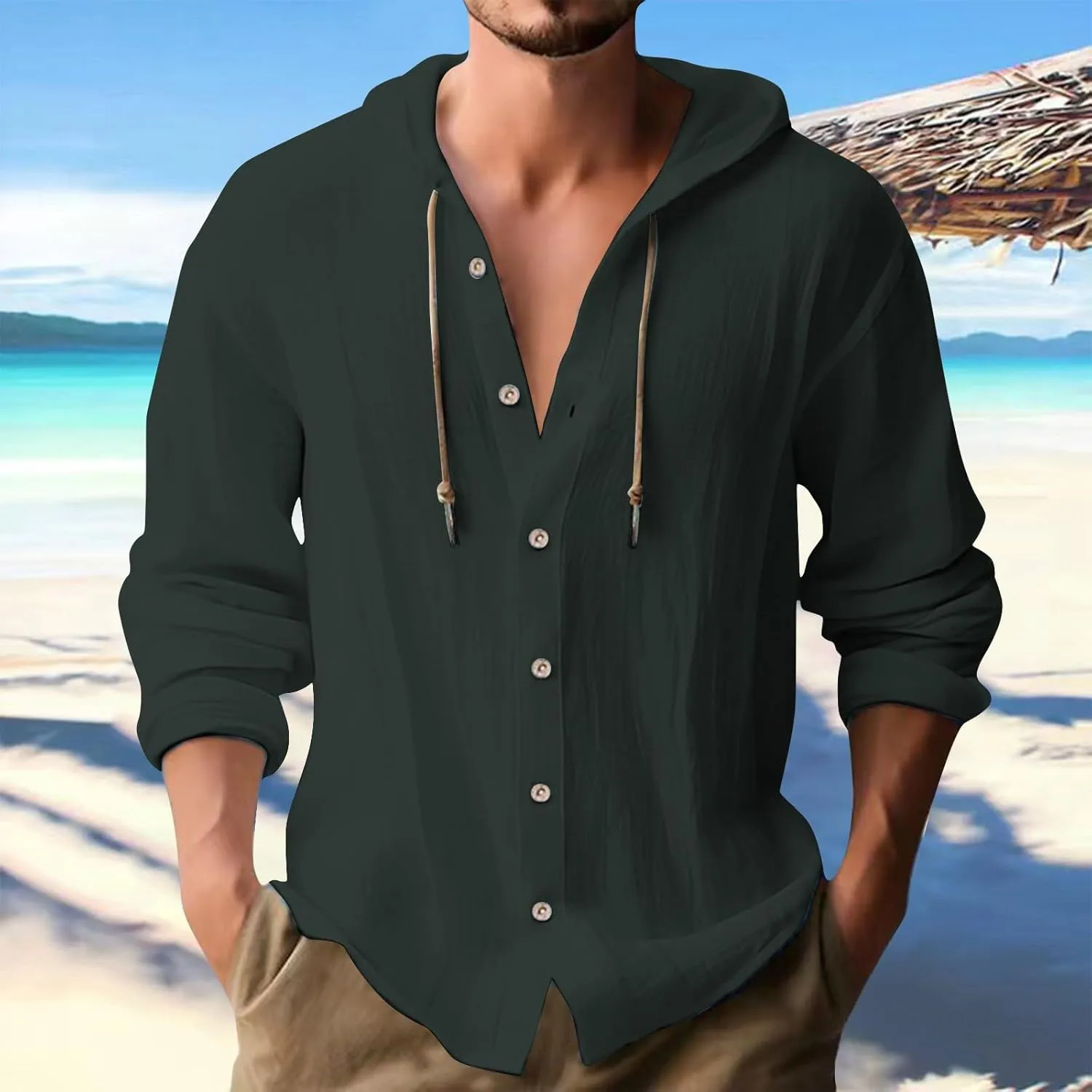 Linen Shirts for Men Casual Button Shirts Summer Cotton Linen Hoodie Beach Long Sleeve Shirts Top with Hood
