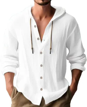 Linen Shirts for Men Casual Button Shirts Summer Cotton Linen Hoodie Beach Long Sleeve Shirts Top with Hood