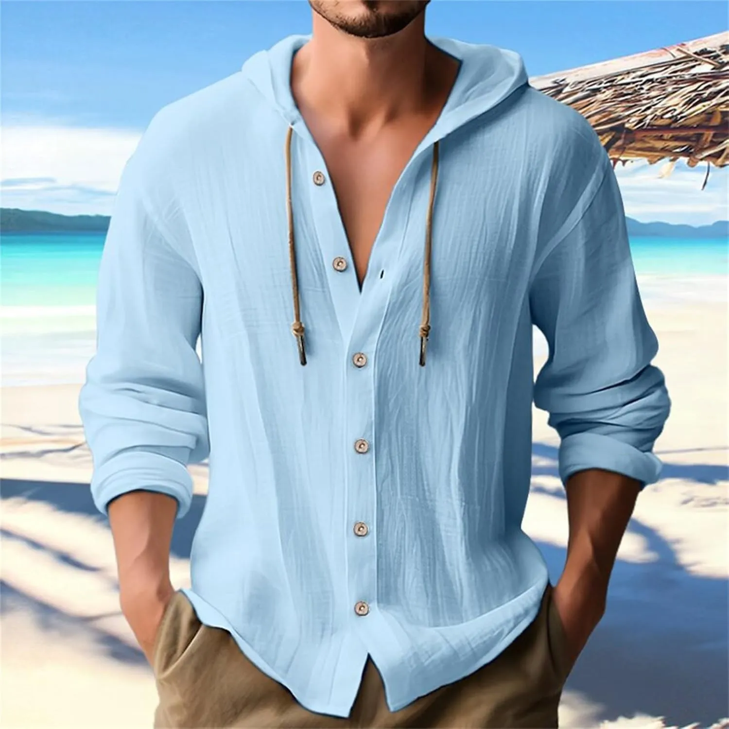Linen Shirts for Men Casual Button Shirts Summer Cotton Linen Hoodie Beach Long Sleeve Shirts Top with Hood