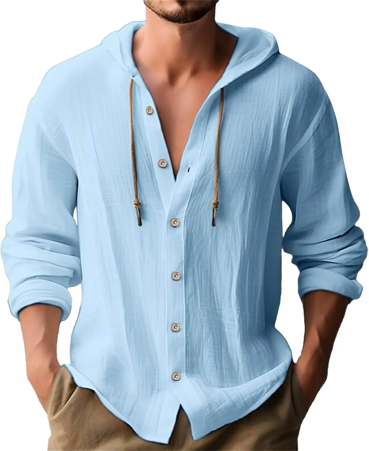 Linen Shirts for Men Casual Button Shirts Summer Cotton Linen Hoodie Beach Long Sleeve Shirts Top with Hood