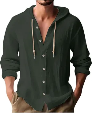 Linen Shirts for Men Casual Button Shirts Summer Cotton Linen Hoodie Beach Long Sleeve Shirts Top with Hood