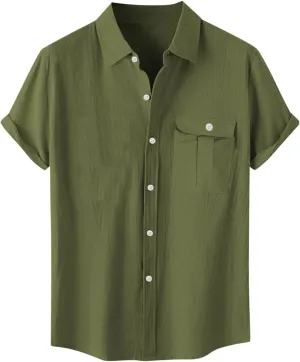 Linen Shirts for Men Mens Short Sleeve Button Down Shirts Collared Summer Beach T-Shirts Vacation Tops