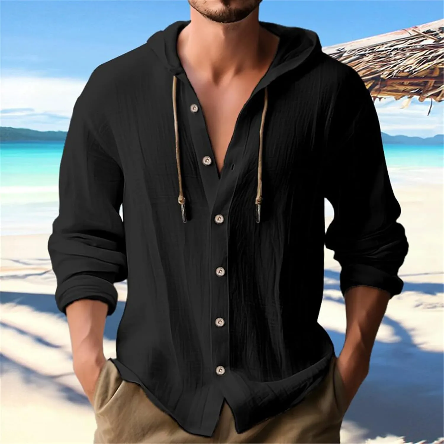 Linen Shirts for Men Solid Color Guayabera Shirts with Hooded Casual Long Sleeve Sweatshirts Button Down Beach Shirts
