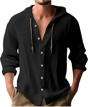 Linen Shirts for Men Solid Color Guayabera Shirts with Hooded Casual Long Sleeve Sweatshirts Button Down Beach Shirts