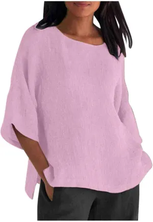 Linen Shirts for Women 3/4 Sleeve Tops Summer Casual Solid Color Basic Crew Neck Pullover Blouse Ladies Tunic Tshirt