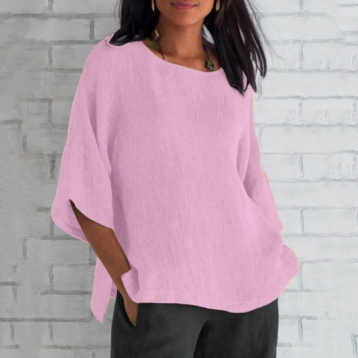 Linen Shirts for Women 3/4 Sleeve Tops Summer Casual Solid Color Basic Crew Neck Pullover Blouse Ladies Tunic Tshirt