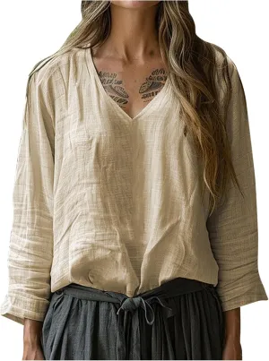 Linen Shirts for Women Casual V-Neck Long Sleeve T Shirt Loose Fit Solid Lightweight Blouse Trendy Summer Beach Tops