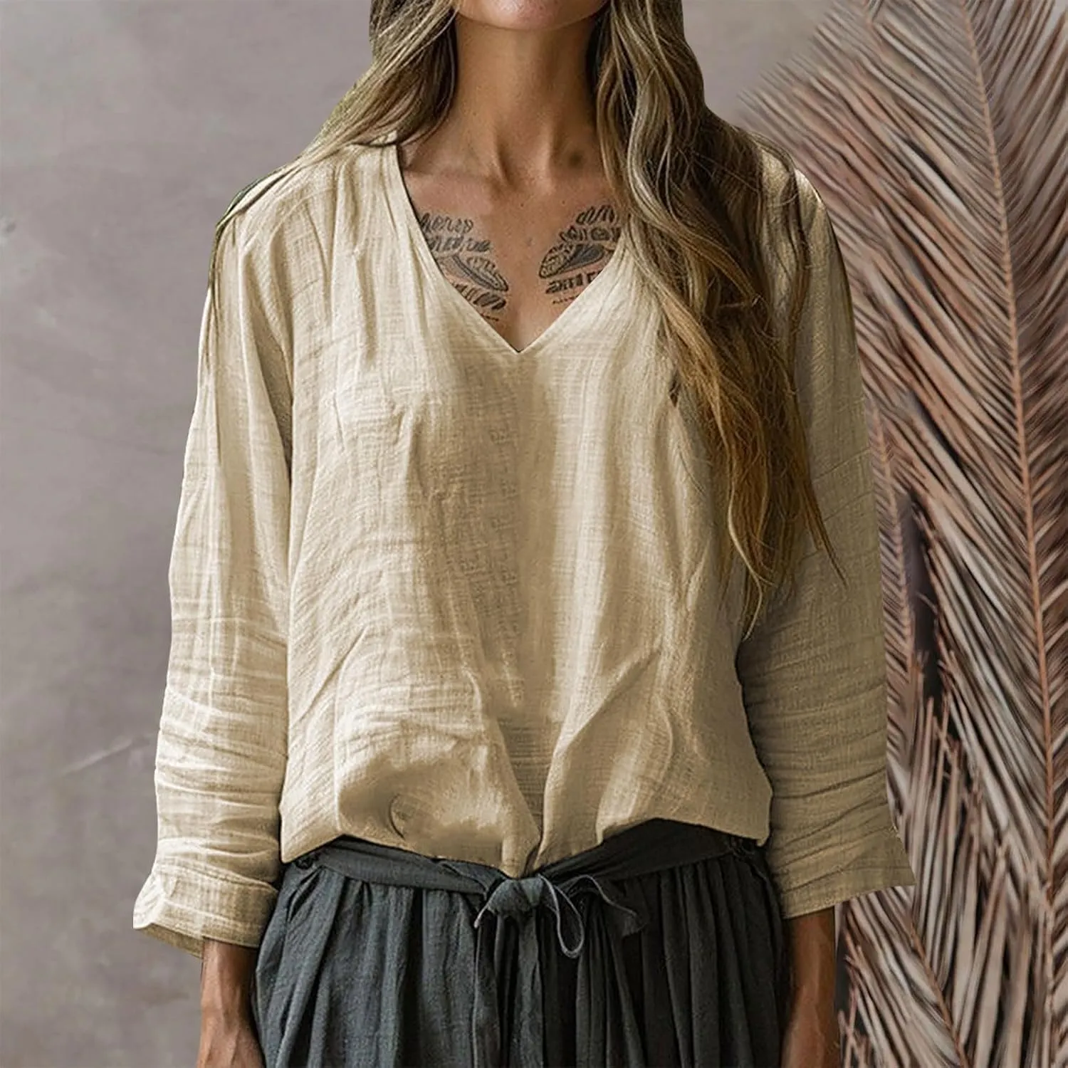 Linen Shirts for Women Casual V-Neck Long Sleeve T Shirt Loose Fit Solid Lightweight Blouse Trendy Summer Beach Tops
