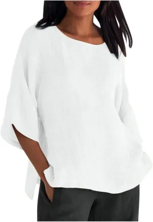 Linen Shirts for Women Loose Fit Casual 3/4 Sleeve Tops Retro Print Tshirt Tunic Cotton Blouse 2025 Summer Basic Tees