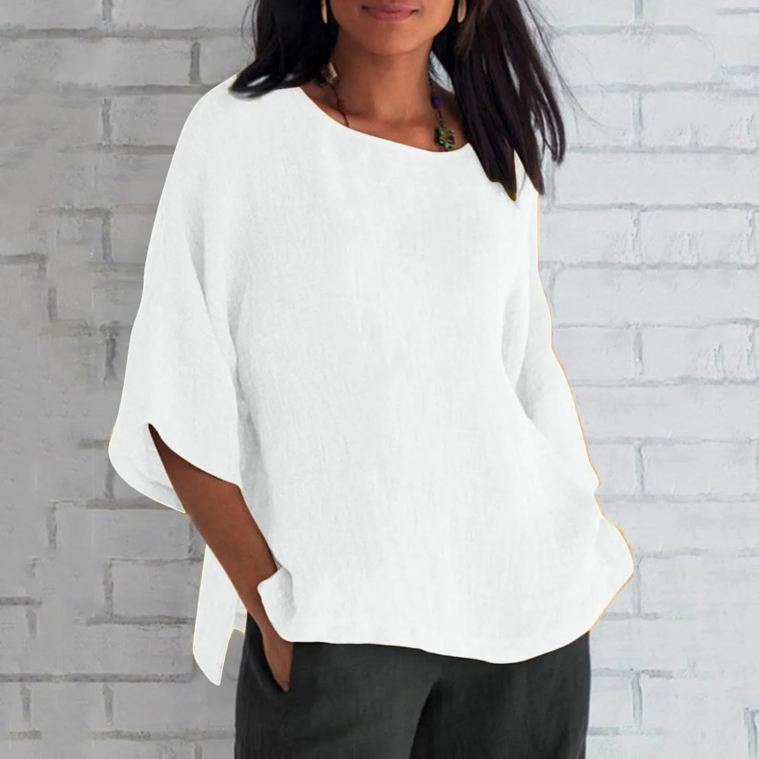 Linen Shirts for Women Loose Fit Casual 3/4 Sleeve Tops Retro Print Tshirt Tunic Cotton Blouse 2025 Summer Basic Tees