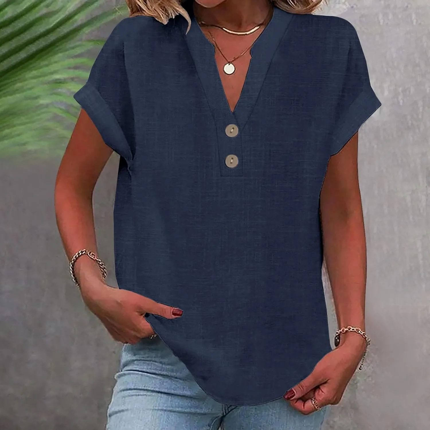 Linen Shirts for Women Loose Fit Vacation Short Sleeve Boho Tops Casual Button Up V Neck T Shirts Solid Summer Blouse