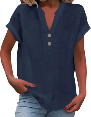 Linen Shirts for Women Loose Fit Vacation Short Sleeve Boho Tops Casual Button Up V Neck T Shirts Solid Summer Blouse