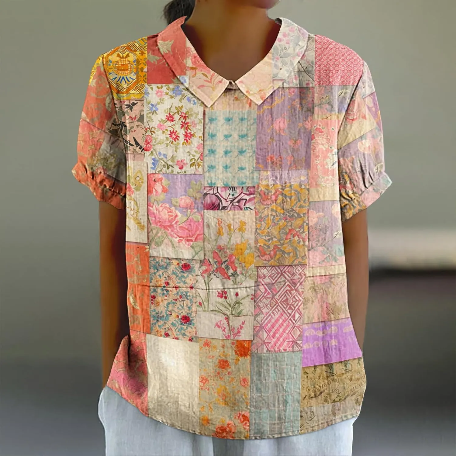 Linen Shirts for Women Summer Lightweight Short Sleeve Tunic Tshirts Cute Collared Tops Business Work Casual Blouses