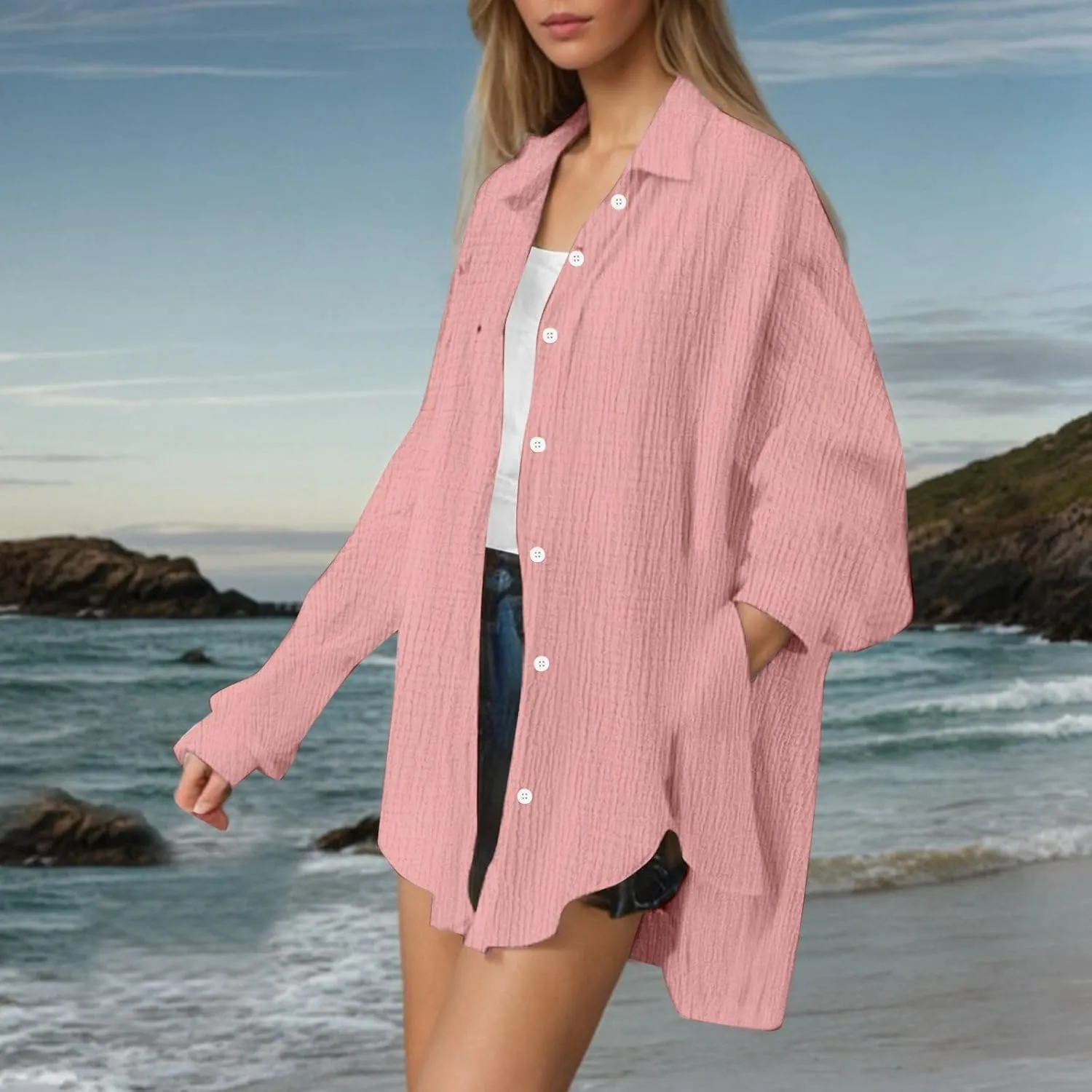 Linen Shirts for Women Summer Oversized Long Sleeve Lapel Button Down Shirt Lightweight Gauze Tops Loose Casual Blouses