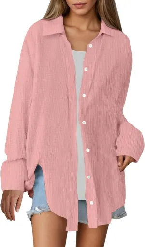 Linen Shirts for Women Summer Oversized Long Sleeve Lapel Button Down Shirt Lightweight Gauze Tops Loose Casual Blouses